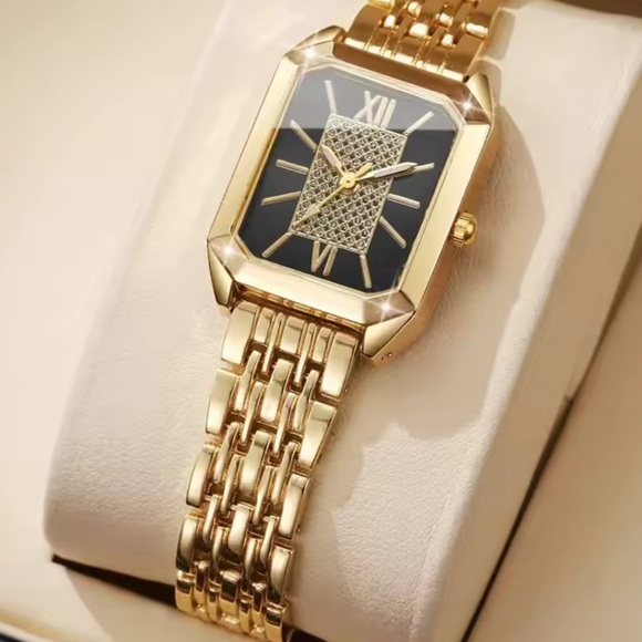 Vintage Gold Black Rectangular Watch with Crystal Dial main image 5